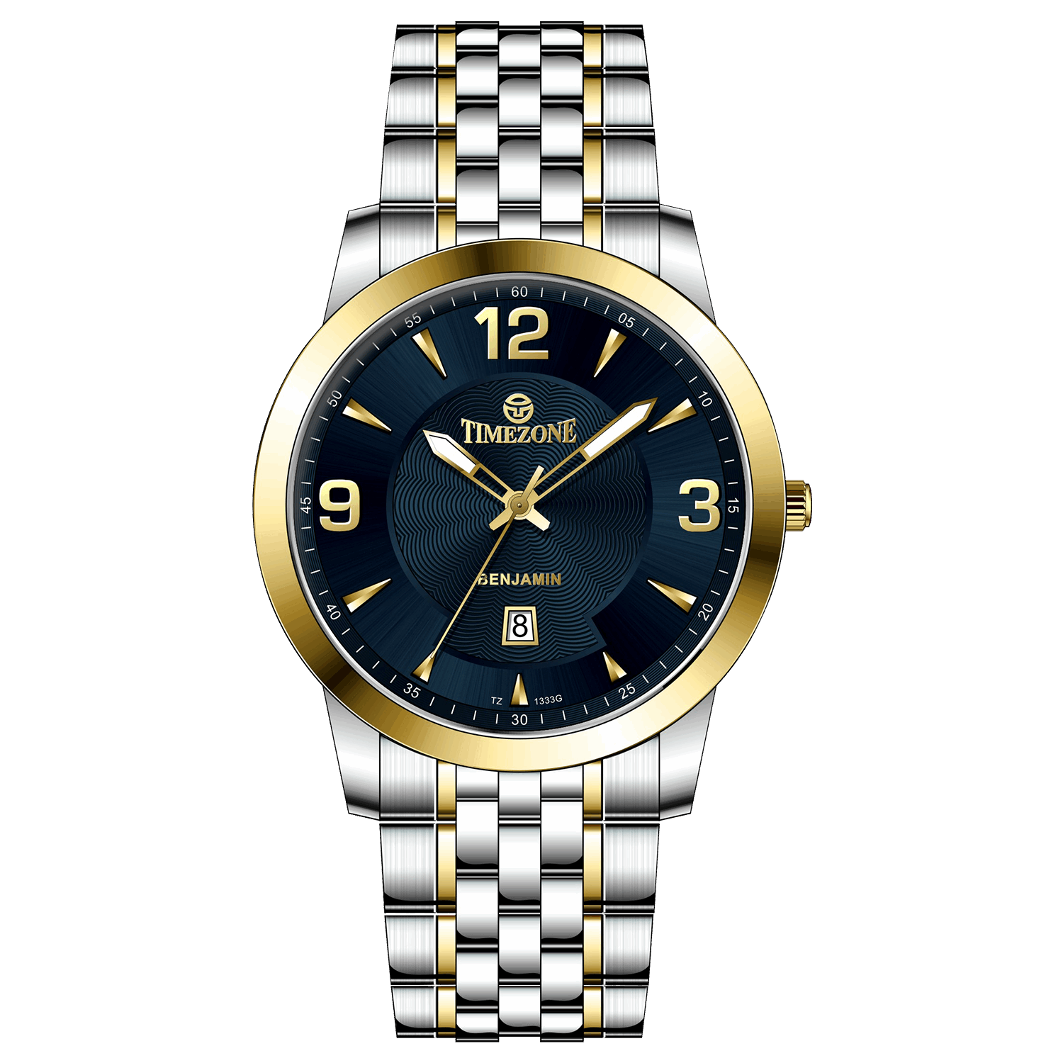 A silver stainless steel Timezone watch with a gold-tone band and dial, featuring a Japanese quartz movement and a date display. Timezone Watches – Premium Branded Wrist Watches for Men in Pakistan