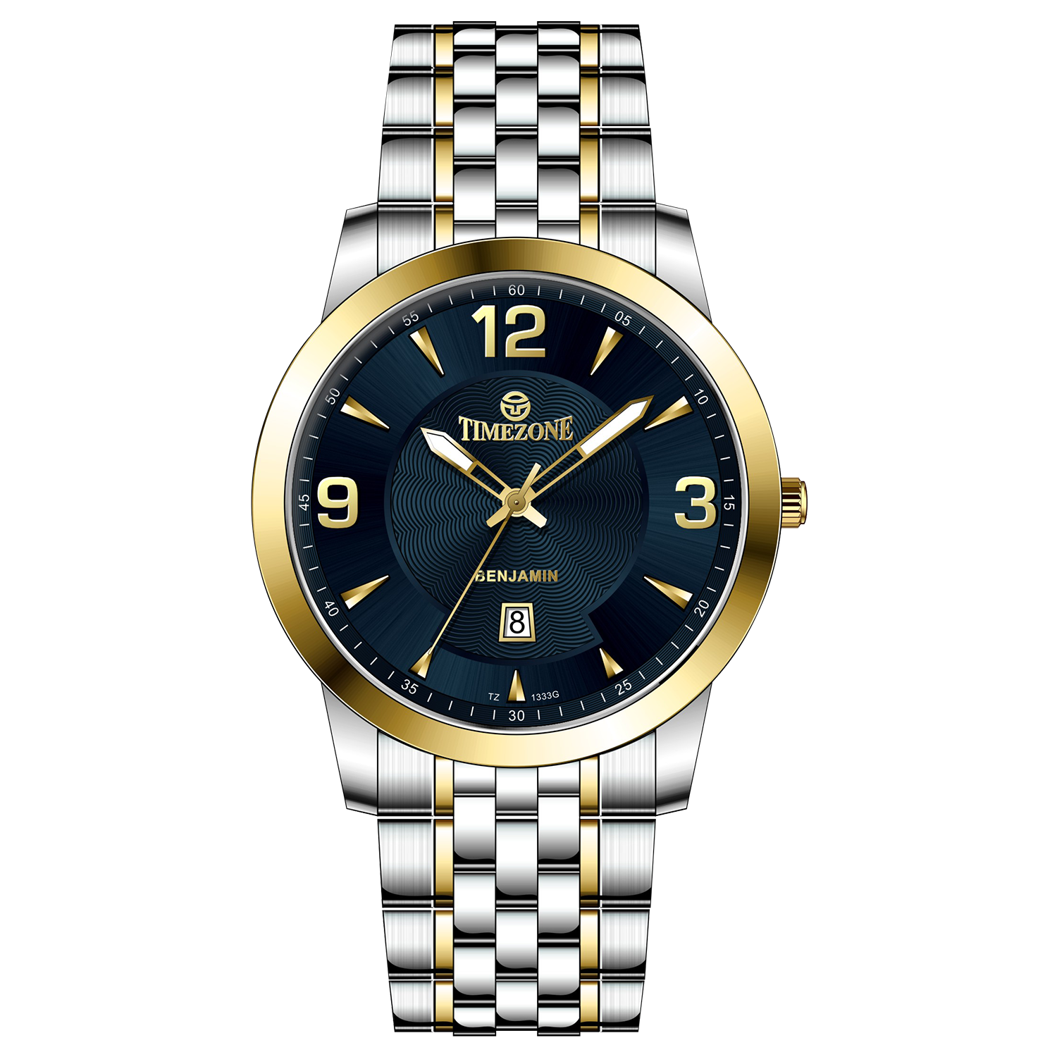 A silver stainless steel Timezone watch with a gold-tone band and dial, featuring a Japanese quartz movement and a date display. Timezone Watches – Premium Branded Wrist Watches for Men in Pakistan