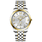 A silver stainless steel Timezone watch with a gold-tone band and dial, featuring a Japanese quartz movement and a date display.