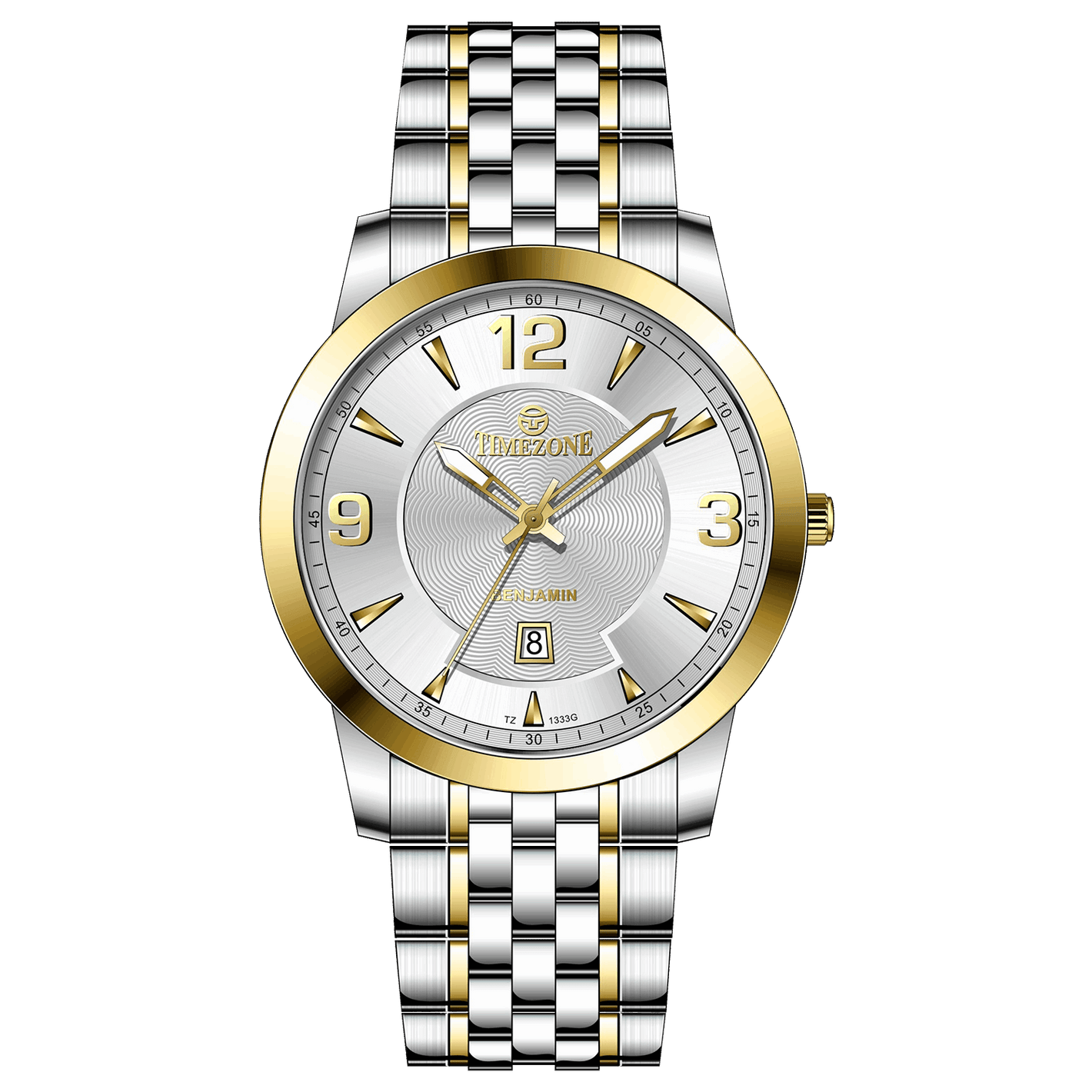 A silver stainless steel Timezone watch with a gold-tone band and dial, featuring a Japanese quartz movement and a date display.