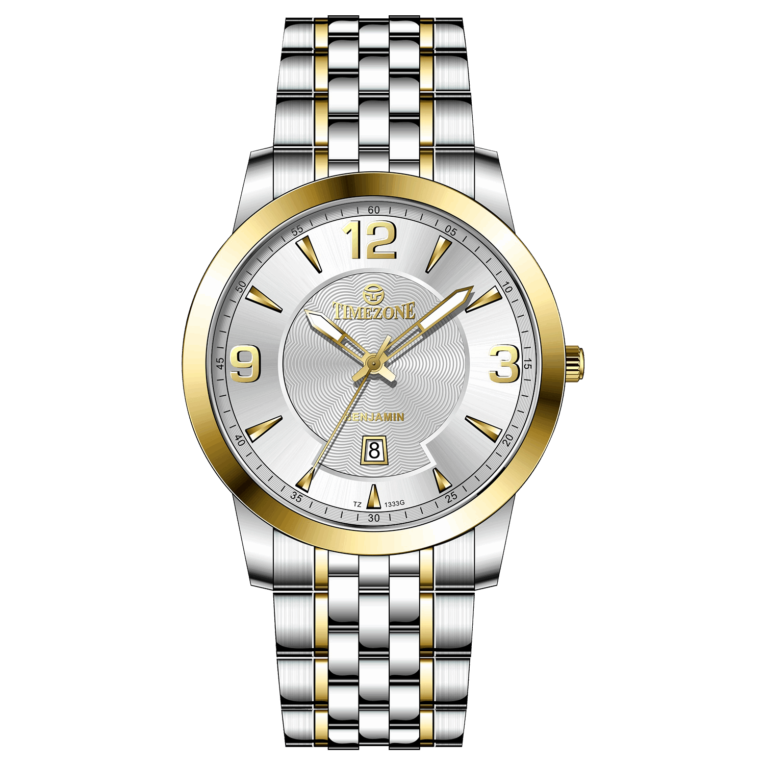 A silver stainless steel Timezone watch with a gold-tone band and dial, featuring a Japanese quartz movement and a date display.