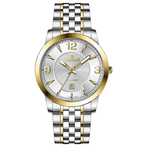 A silver stainless steel Timezone watch with a gold-tone band and dial, featuring a Japanese quartz movement and a date display.