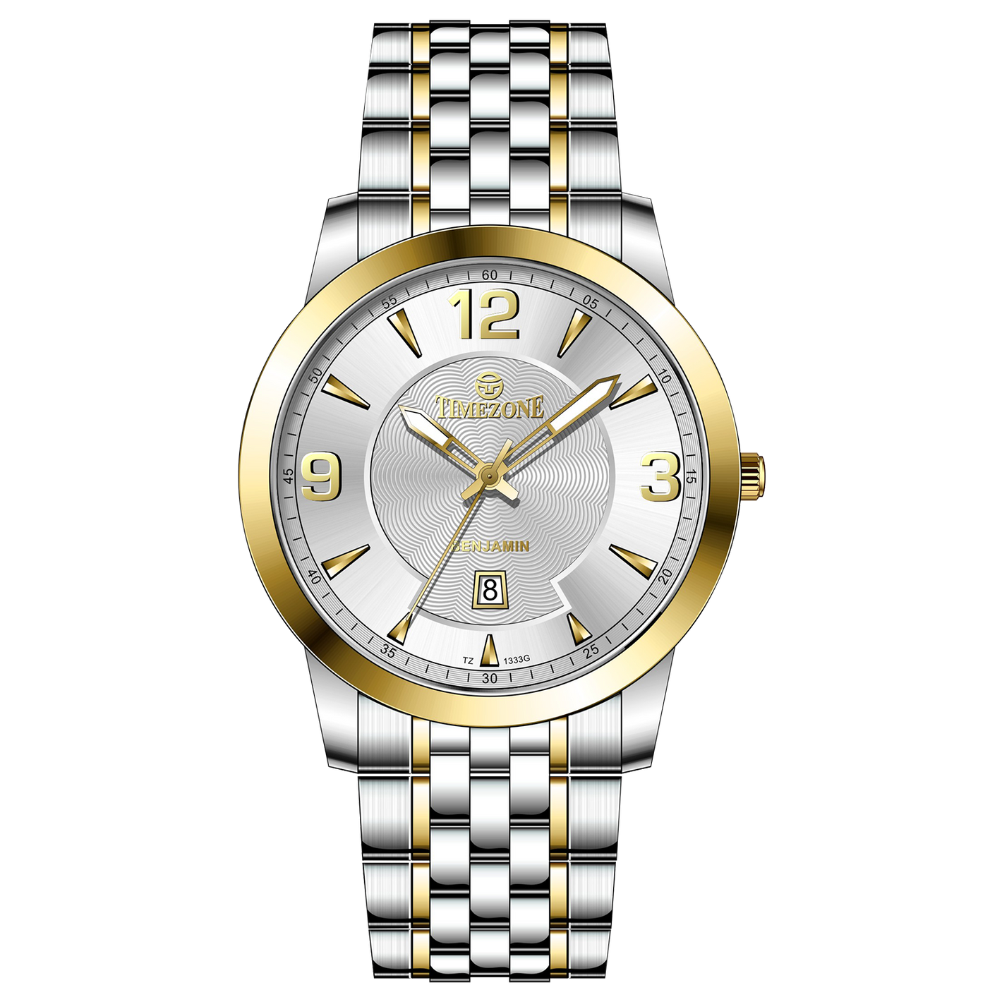 A silver stainless steel Timezone watch with a gold-tone band and dial, featuring a Japanese quartz movement and a date display.