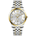 A silver stainless steel Timezone watch with a gold-tone band and dial, featuring a Japanese quartz movement and a date display.