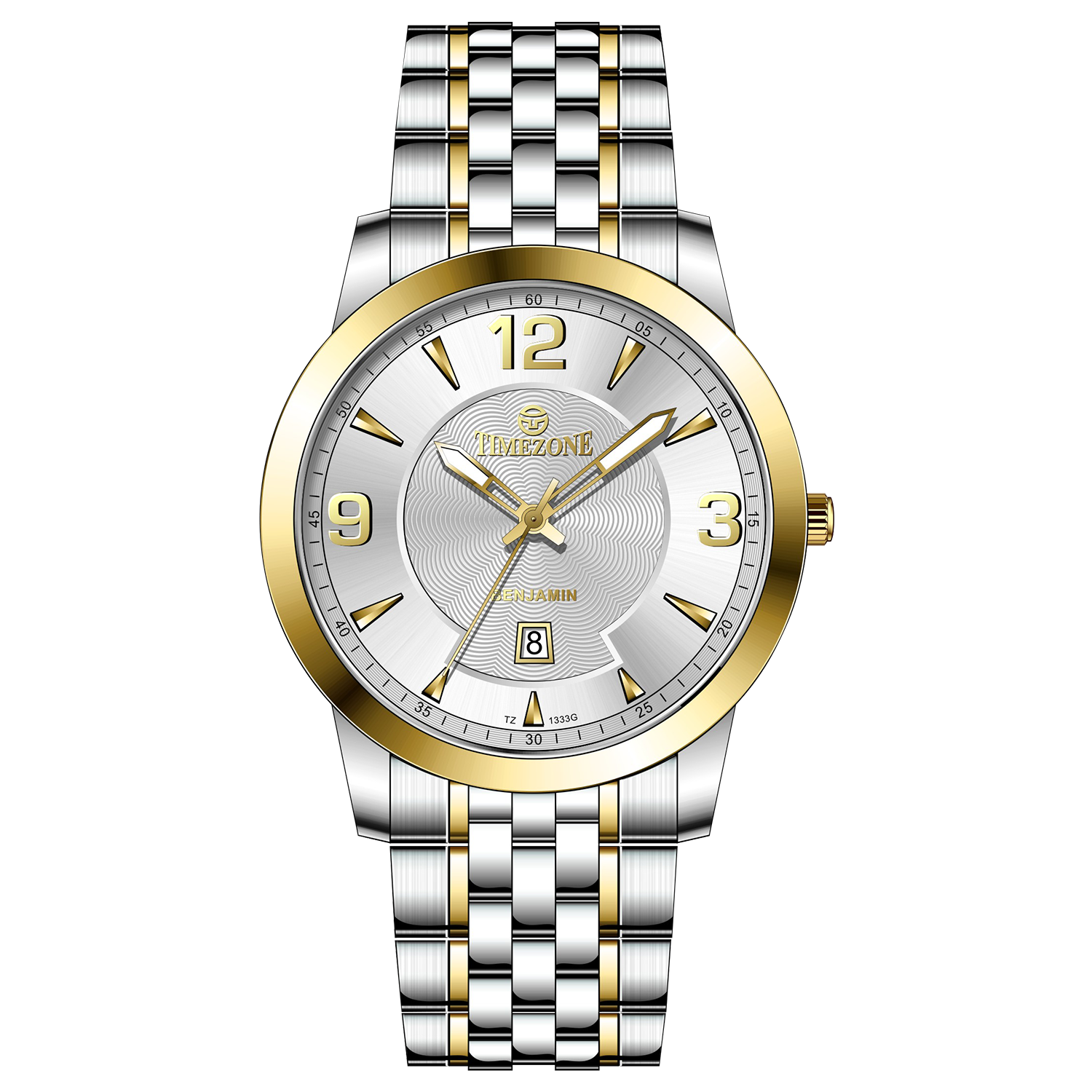 A silver stainless steel Timezone watch with a gold-tone band and dial, featuring a Japanese quartz movement and a date display.