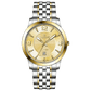 A silver stainless steel Timezone watch with a gold-tone band and dial, featuring a Japanese quartz movement and a date display.