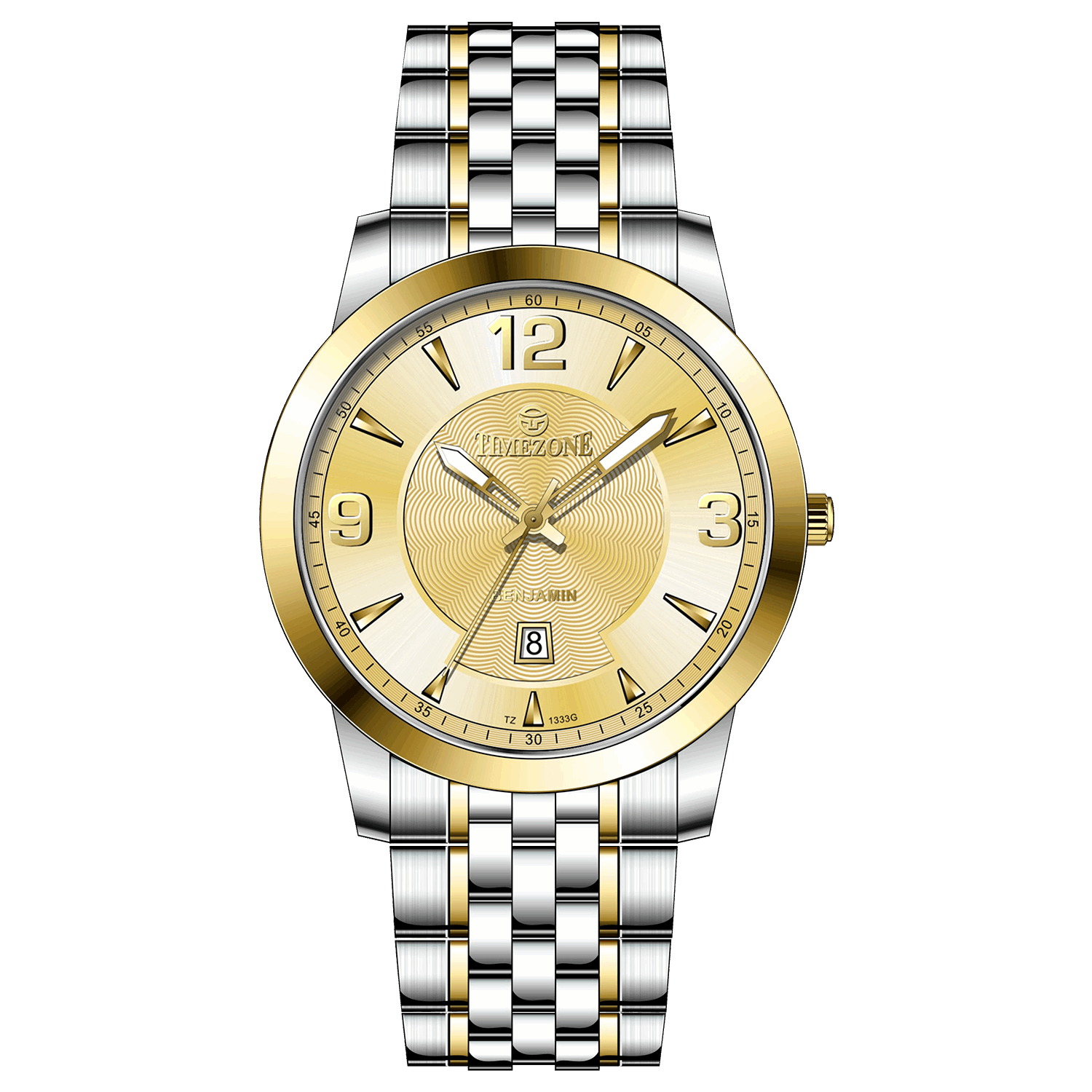 A silver stainless steel Timezone watch with a gold-tone band and dial, featuring a Japanese quartz movement and a date display.