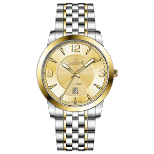 A silver stainless steel Timezone watch with a gold-tone band and dial, featuring a Japanese quartz movement and a date display.