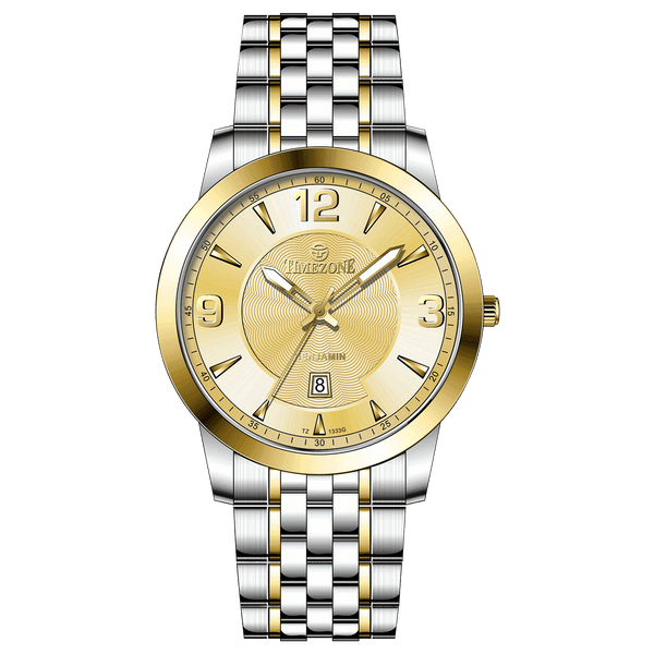 A silver stainless steel Timezone watch with a gold-tone band and dial, featuring a Japanese quartz movement and a date display.