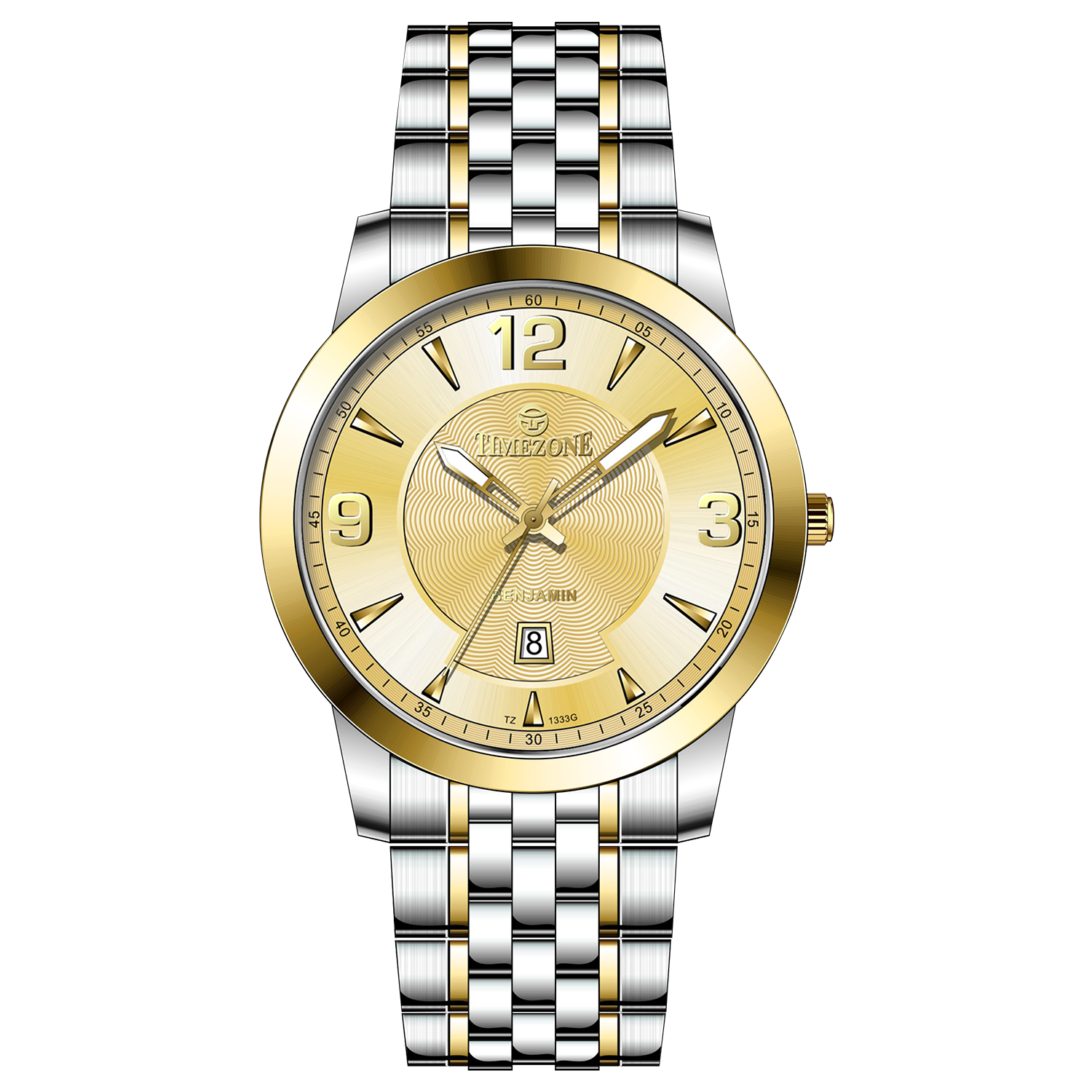 A silver stainless steel Timezone watch with a gold-tone band and dial, featuring a Japanese quartz movement and a date display.