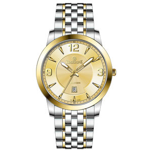 A silver stainless steel Timezone watch with a gold-tone band and dial, featuring a Japanese quartz movement and a date display.