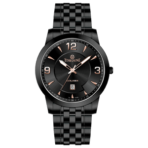 A black TIMEZONE watch with a stainless steel band and a digital display showing the time. Discover timezone watches: elegant branded wrist watches for men in pakistan