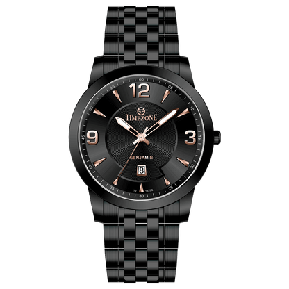 A black TIMEZONE watch with a stainless steel band and a digital display showing the time. Discover timezone watches: elegant branded wrist watches for men in pakistan