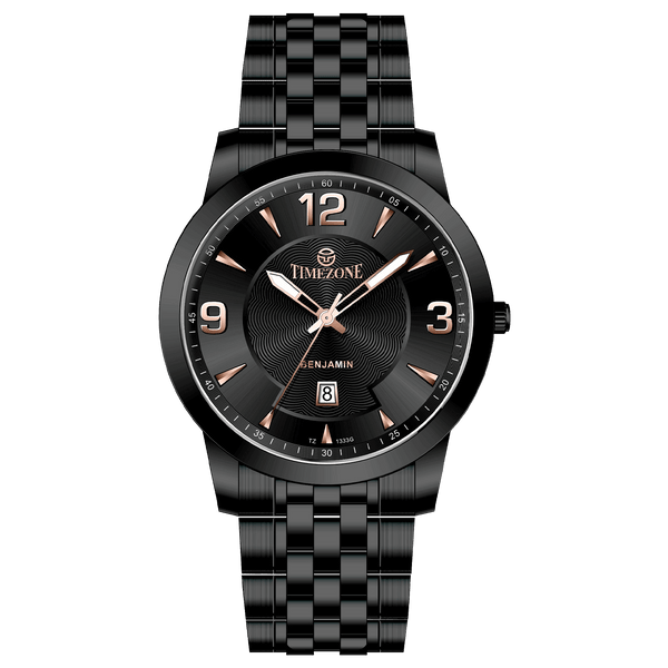 A black TIMEZONE watch with a stainless steel band and a digital display showing the time. Discover timezone watches: elegant branded wrist watches for men in pakistan