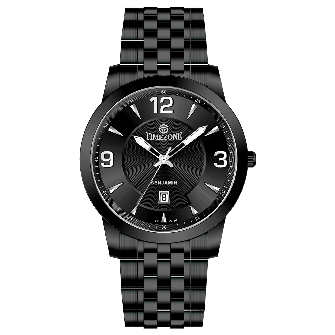 A black TIMEZONE watch with a stainless steel band and a analog display showing the time.