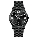 A black TIMEZONE watch with a stainless steel band and a analog display showing the time.