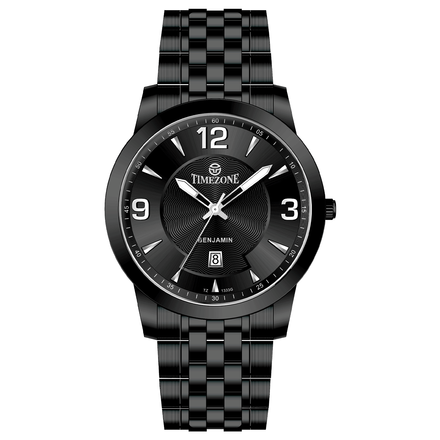 A black TIMEZONE watch with a stainless steel band and a analog display showing the time.