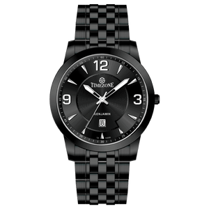 A black TIMEZONE watch with a stainless steel band and a analog display showing the time.