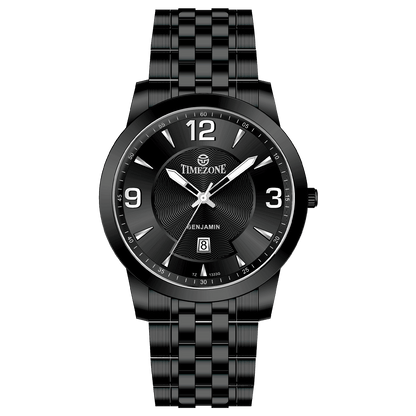A black TIMEZONE watch with a stainless steel band and a analog display showing the time.