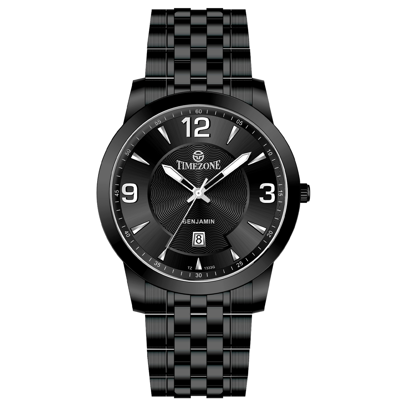 A black TIMEZONE watch with a stainless steel band and a analog display showing the time.