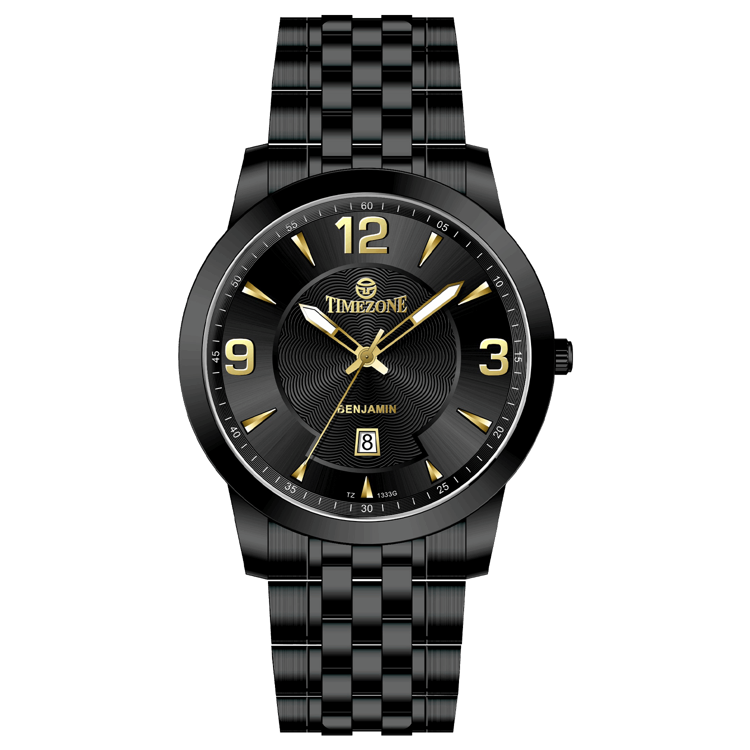 A black TIMEZONE watch with a stainless steel band and a analog display showing the time. Discover timezone watches: elegant branded wrist watches for men in pakistan