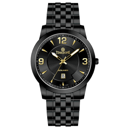 A black TIMEZONE watch with a stainless steel band and a analog display showing the time. Discover timezone watches: elegant branded wrist watches for men in pakistan
