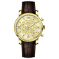 Branded wrist watch for men in pakistan. A gold-colored round dial watch with a brown leather band, featuring a chronograph movement and a date function.