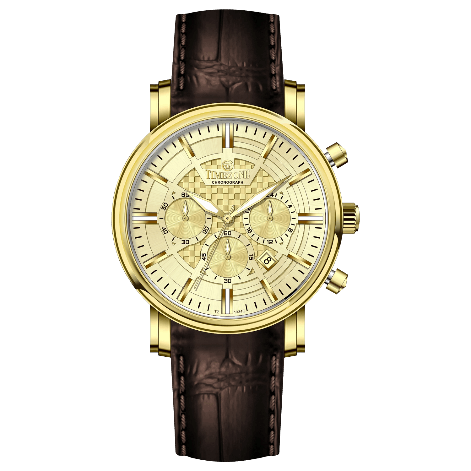 Branded wrist watch for men in pakistan. A gold-colored round dial watch with a brown leather band, featuring a chronograph movement and a date function.
