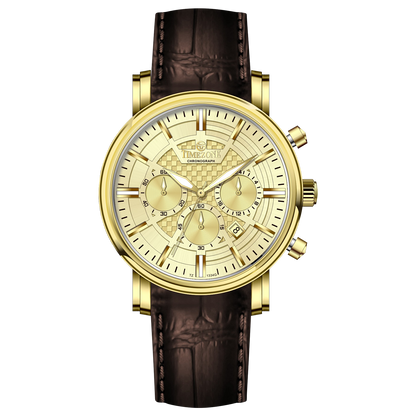 Branded wrist watch for men in pakistan. A gold-colored round dial watch with a brown leather band, featuring a chronograph movement and a date function.