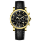 Branded wrist watch for men in pakistan. A gold-colored round dial watch with a brown leather band, featuring a chronograph movement and a date function.