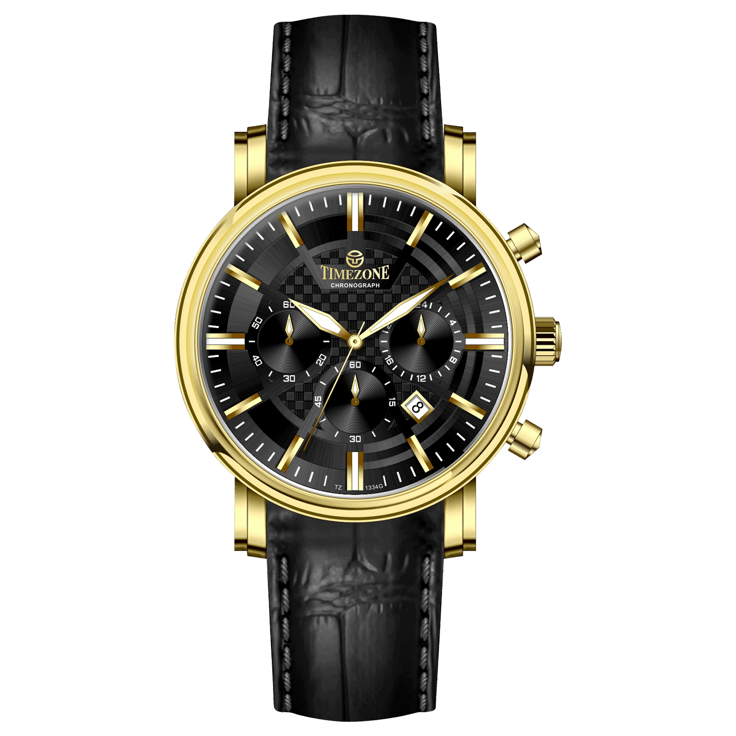 Branded wrist watch for men in pakistan. A gold-colored round dial watch with a brown leather band, featuring a chronograph movement and a date function.
