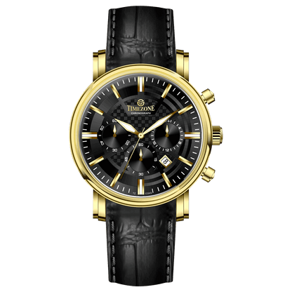Branded wrist watch for men in pakistan. A gold-colored round dial watch with a brown leather band, featuring a chronograph movement and a date function.
