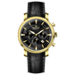 Branded wrist watch for men in pakistan. A gold-colored round dial watch with a brown leather band, featuring a chronograph movement and a date function.