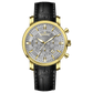 Branded wrist watch for men in pakistan. A gold-colored round dial watch with a brown leather band, featuring a chronograph movement and a date function.
