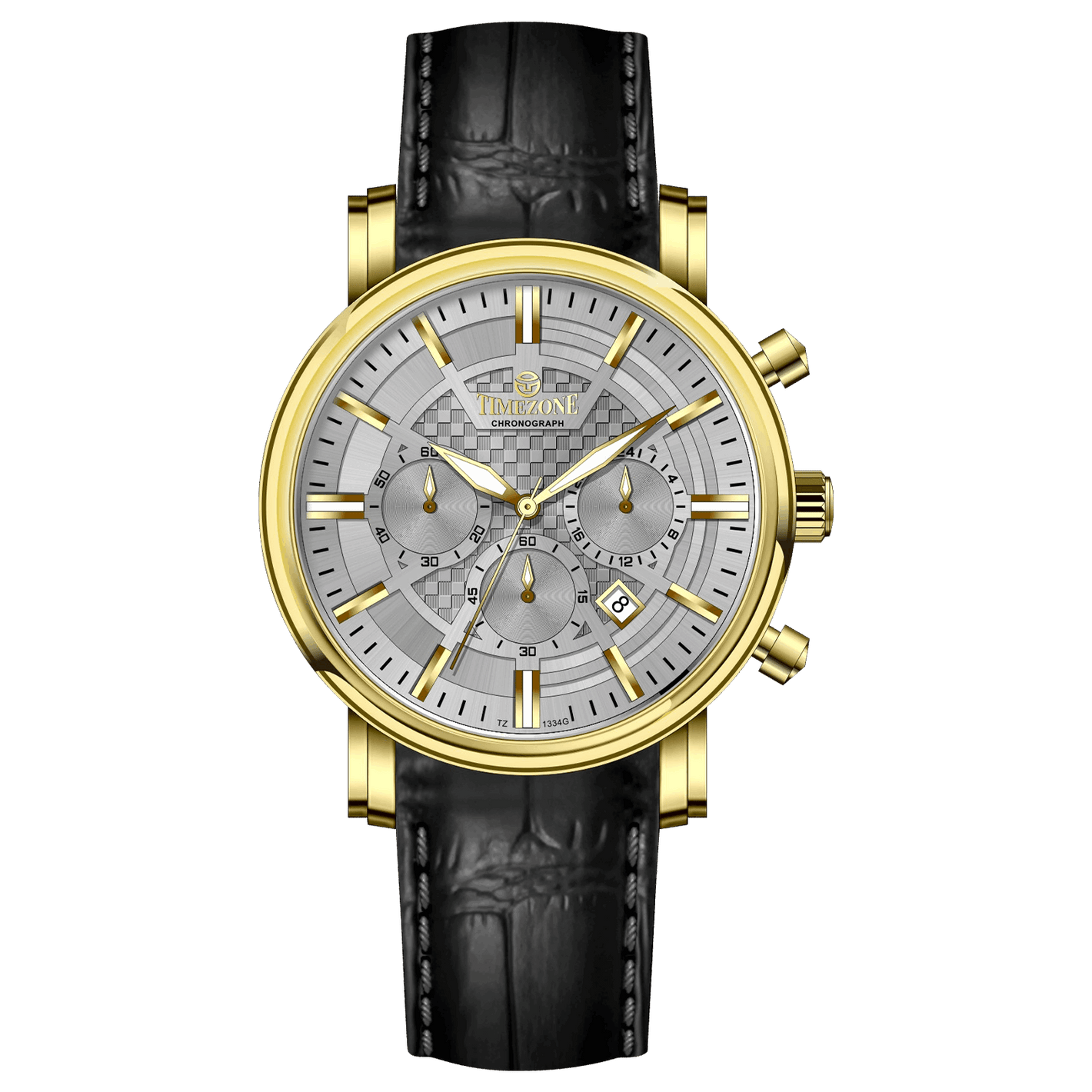 Branded wrist watch for men in pakistan. A gold-colored round dial watch with a brown leather band, featuring a chronograph movement and a date function.