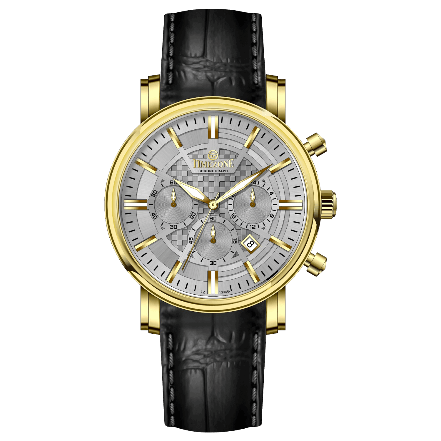Branded wrist watch for men in pakistan. A gold-colored round dial watch with a brown leather band, featuring a chronograph movement and a date function.