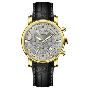 Branded wrist watch for men in pakistan. A gold-colored round dial watch with a brown leather band, featuring a chronograph movement and a date function.