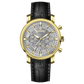 Branded wrist watch for men in pakistan. A gold-colored round dial watch with a brown leather band, featuring a chronograph movement and a date function.