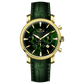 Branded wrist watch for men in pakistan. A gold-colored round dial watch with a leather band, featuring a chronograph movement and a date function.