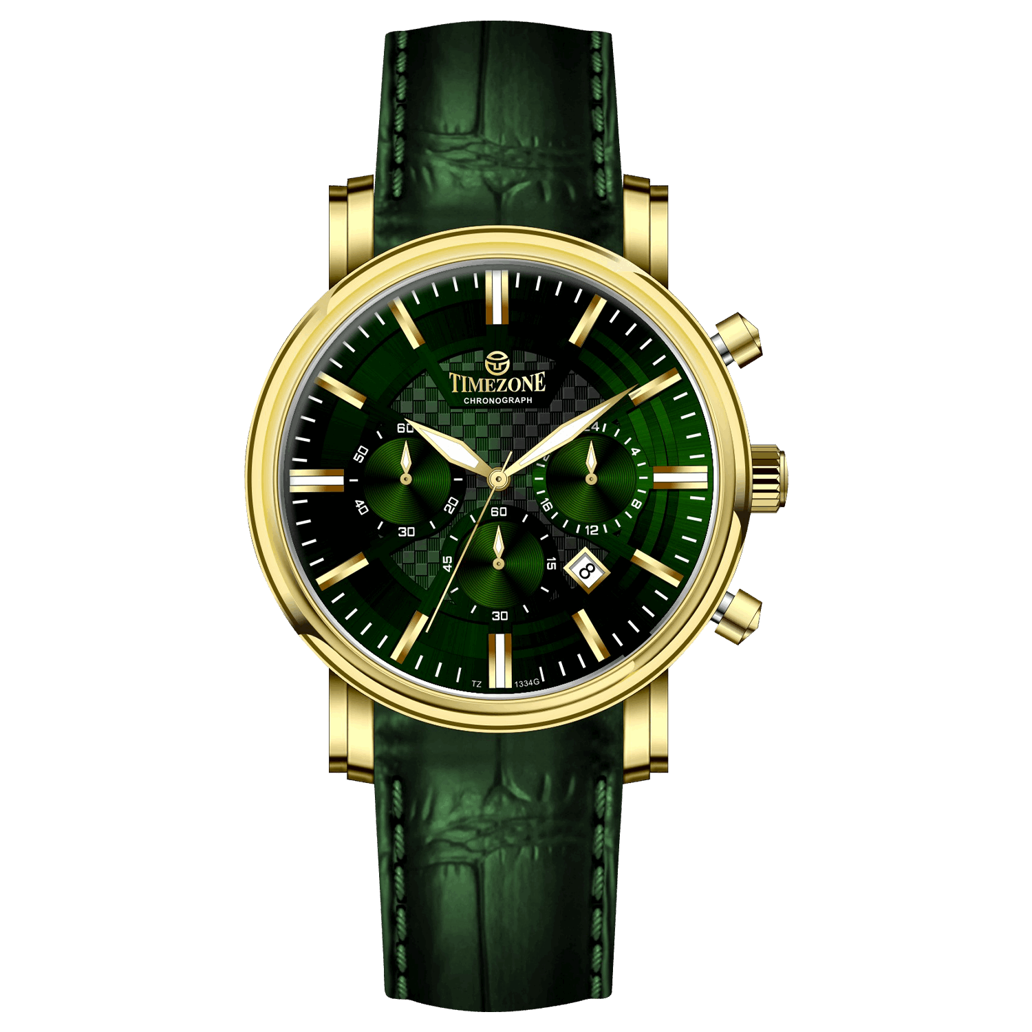 Branded wrist watch for men in pakistan. A gold-colored round dial watch with a leather band, featuring a chronograph movement and a date function.