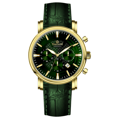 Branded wrist watch for men in pakistan. A gold-colored round dial watch with a leather band, featuring a chronograph movement and a date function.