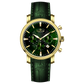 Branded wrist watch for men in pakistan. A gold-colored round dial watch with a leather band, featuring a chronograph movement and a date function.