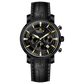 Branded wrist watch for men in pakistan. A black analog watch with a leather band, chronograph features, and a date display.