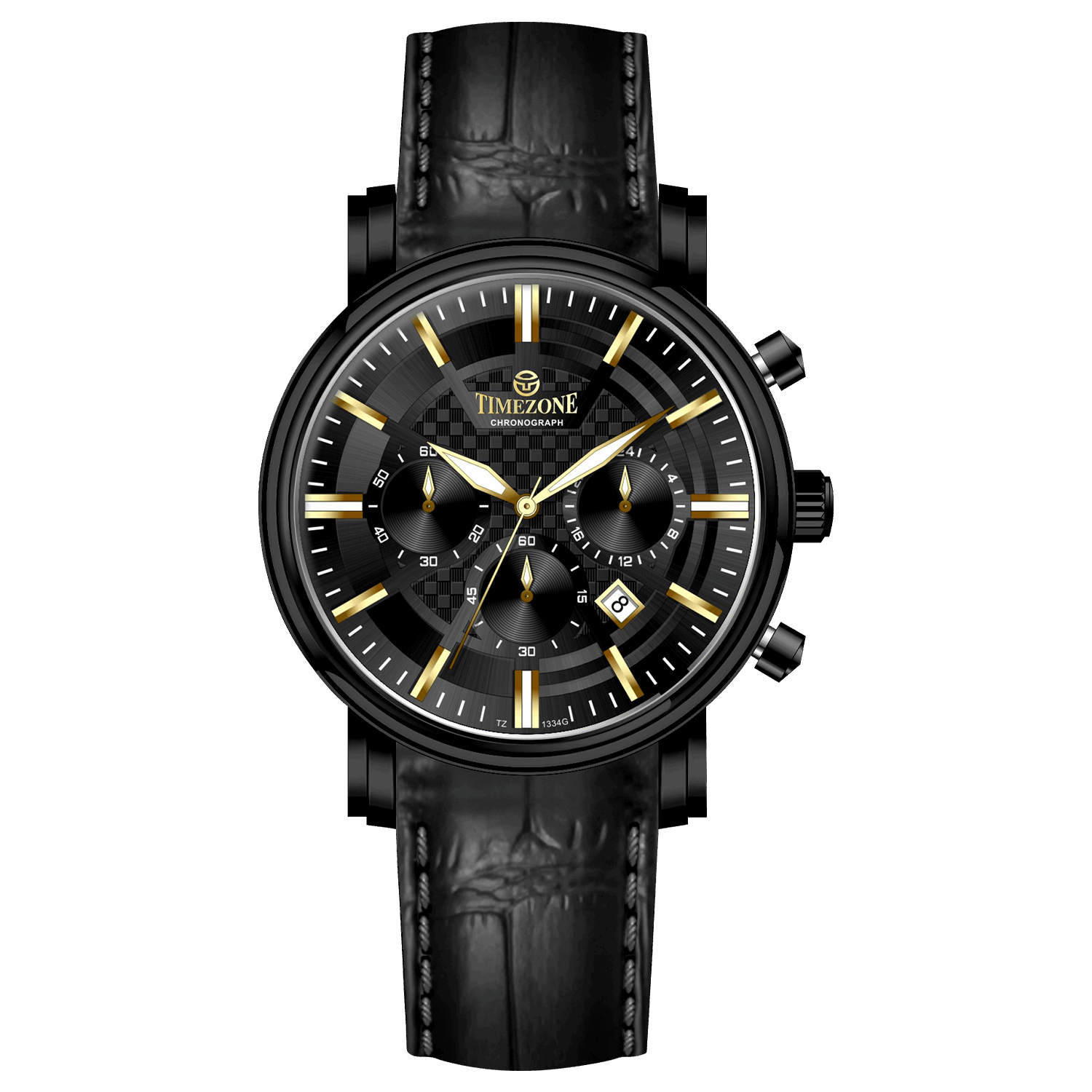 Branded wrist watch for men in pakistan. A black analog watch with a leather band, chronograph features, and a date display.
