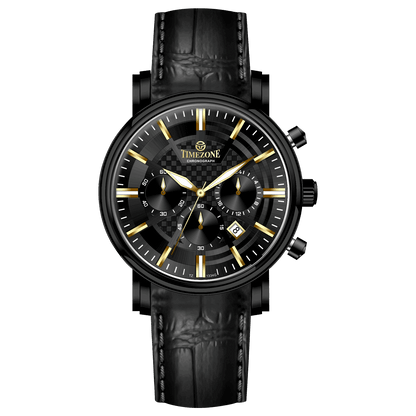 Branded wrist watch for men in pakistan. A black analog watch with a leather band, chronograph features, and a date display.