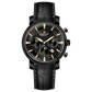Branded wrist watch for men in pakistan. A black analog watch with a leather band, chronograph features, and a date display.