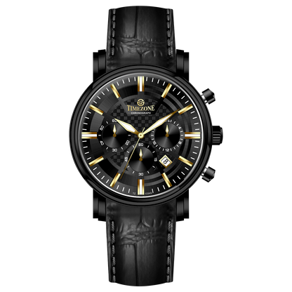 Branded wrist watch for men in pakistan. A black analog watch with a leather band, chronograph features, and a date display.