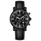 Branded wrist watch for men in pakistan. A black analog watch with a leather band, chronograph features, and a date display.