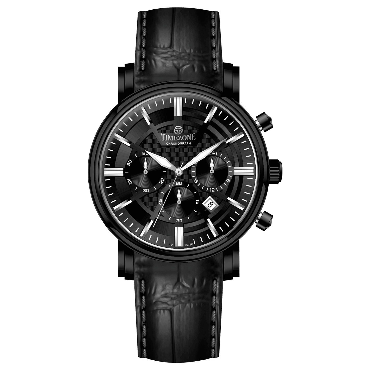 Branded wrist watch for men in pakistan. A black analog watch with a leather band, chronograph features, and a date display.