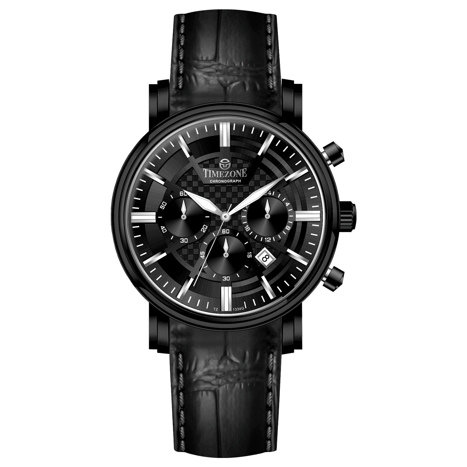 Branded wrist watch for men in pakistan. A black analog watch with a leather band, chronograph features, and a date display.